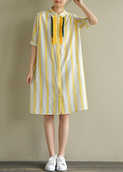 Handmade Yellow Striped Linen Robes Lapel Button Down Summer Dress