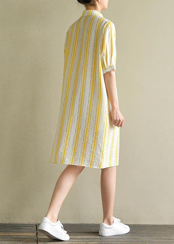 Handmade Yellow Striped Linen Robes Lapel Button Down Summer Dress