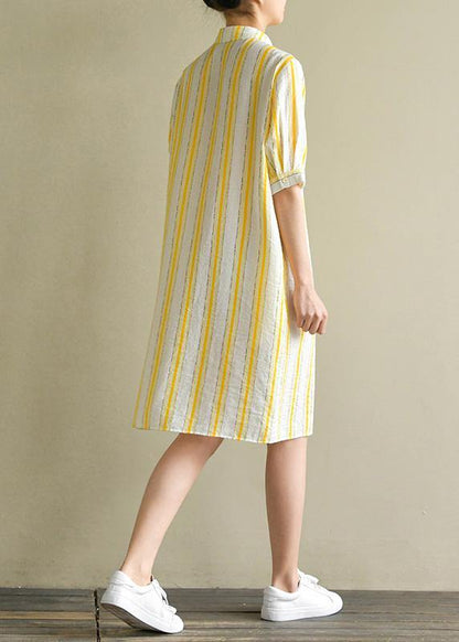 Handmade Yellow Striped Linen Robes Lapel Button Down Summer Dress