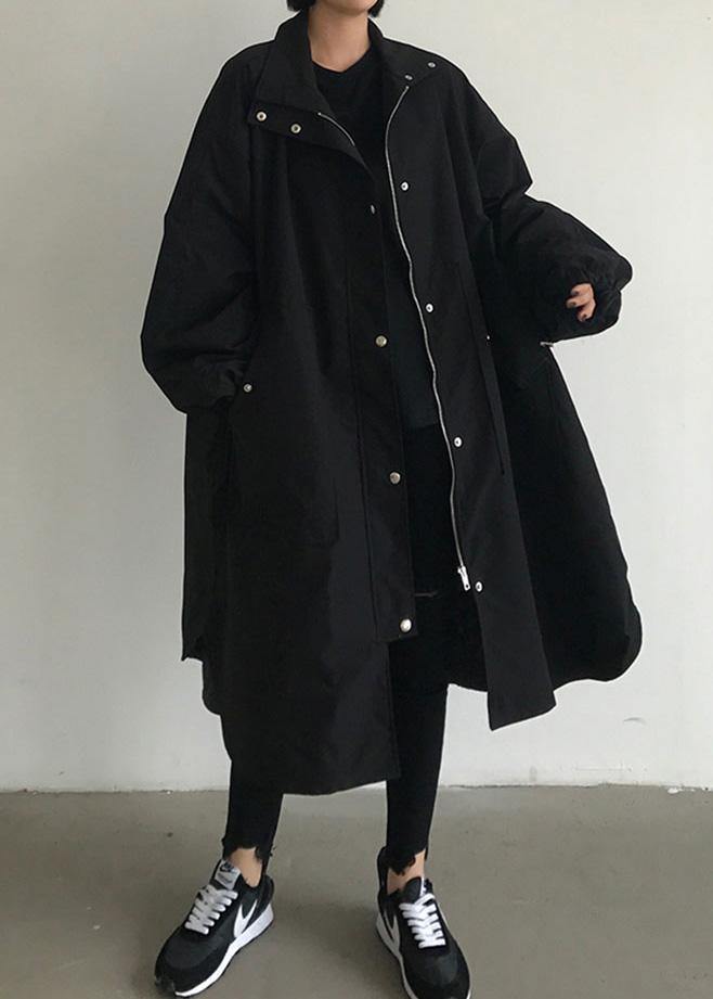 Handmade Zippered Lapel Collar Crane Coats Black Baggy Coats
