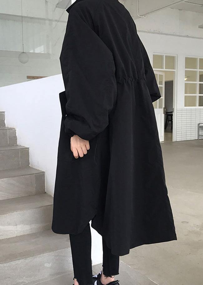 Handmade Zippered Lapel Collar Crane Coats Black Baggy Coats