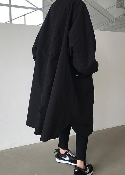 Handmade Zippered Lapel Collar Crane Coats Black Baggy Coats