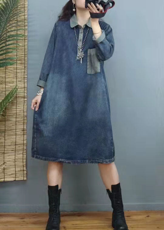 Handmade Blue V Neck Patchwork Denim Dresses Winter