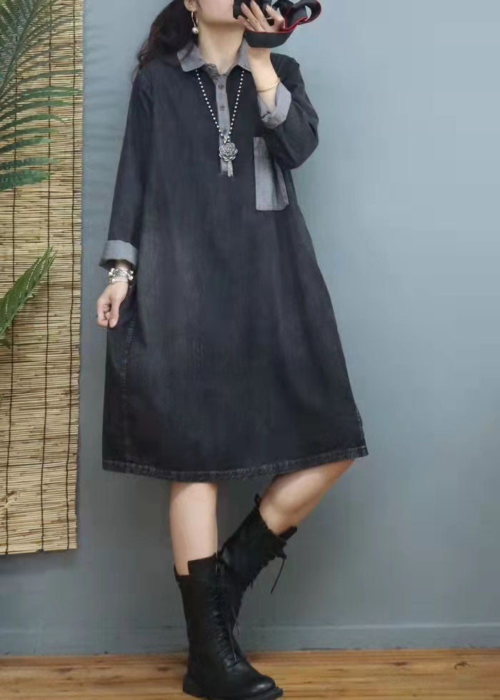 Handmade Blue V Neck Patchwork Denim Dresses Winter