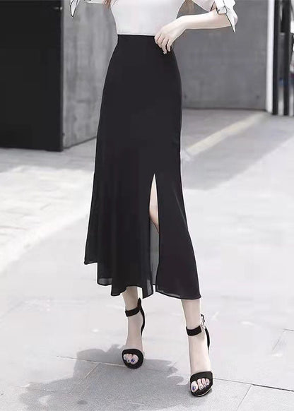 Handmade Black Asymmetrical Design Side Open Plaid Chiffon Skirts Spring