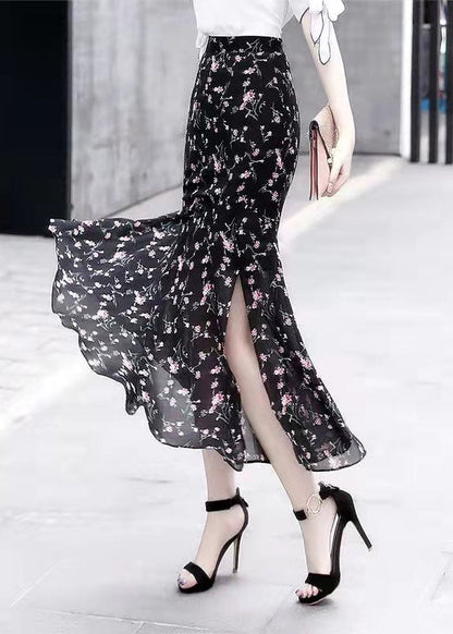 Handmade Black Asymmetrical Design Side Open Plaid Chiffon Skirts Spring