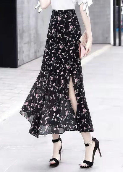 Handmade Black Asymmetrical Design Side Open Plaid Chiffon Skirts Spring