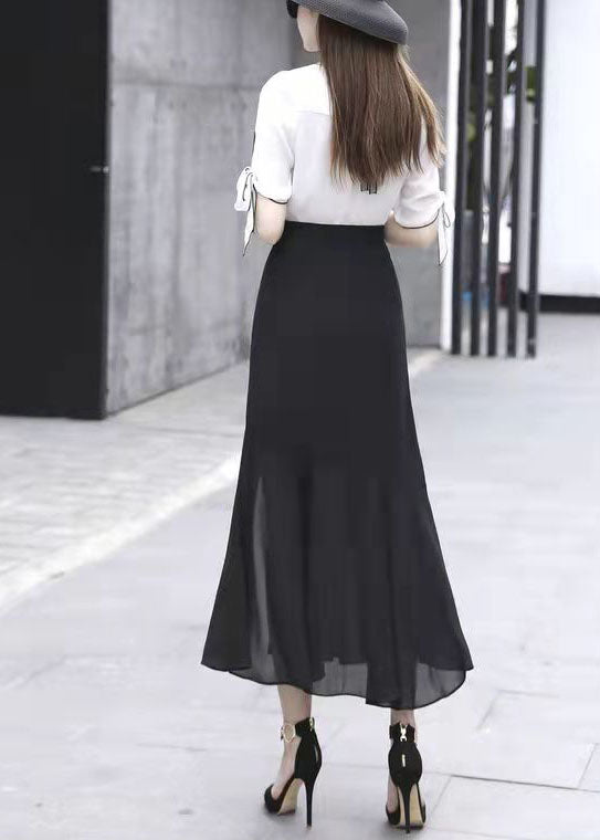 Handmade Black Asymmetrical Design Side Open Plaid Chiffon Skirts Spring