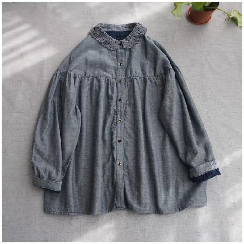 Handmade O Neck Embroidery Crane Tops Christmas Gifts Blue Blouse