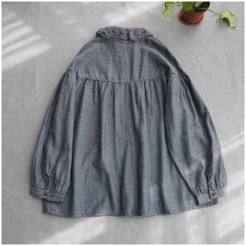 Handmade O Neck Embroidery Crane Tops Christmas Gifts Blue Blouse