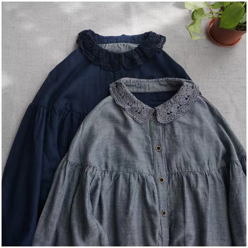 Handmade O Neck Embroidery Crane Tops Christmas Gifts Blue Blouse