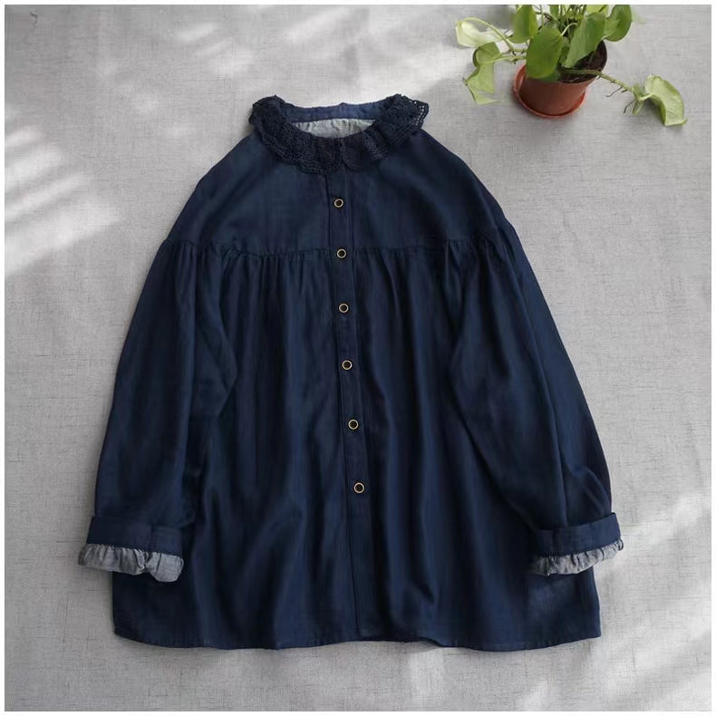Handmade O Neck Embroidery Crane Tops Christmas Gifts Blue Blouse