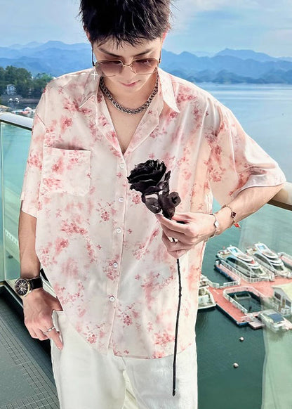 Hawaiian Vacation Pink Ice Silk Shirt Short Sleeved