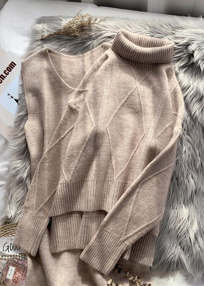 High Collar Red Sweater Loose and Thickened Autumn and Winter Suspender Wool Dress Two Piece Set