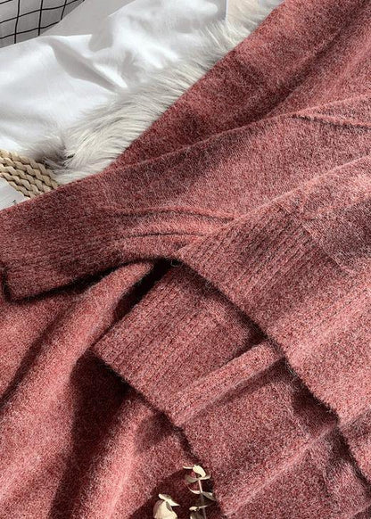 High Collar Red Sweater Loose and Thickened Autumn and Winter Suspender Wool Dress Two Piece Set