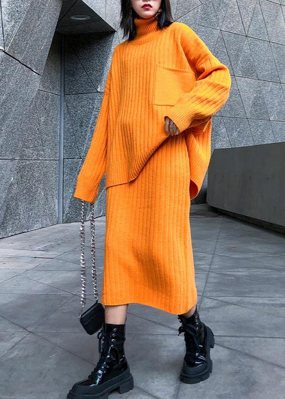 High Neck Sweater Suit Skirt Two-piece Long Over-the-knee Temperament Autumn and Winter Knitted Skirt