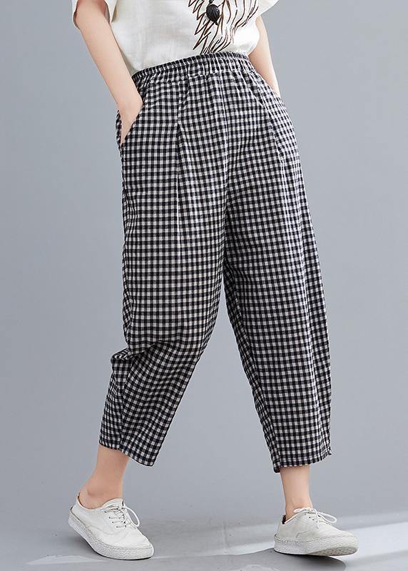 High-waist Cotton Linen Checked Harem Pants