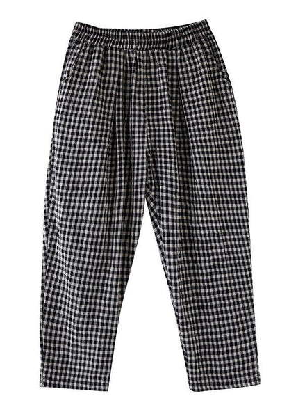 High-waist Cotton Linen Checked Harem Pants