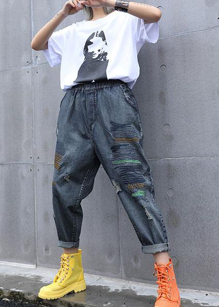 High Waist Summer Nine Points Embroidery Broken Hole Carrot Pants