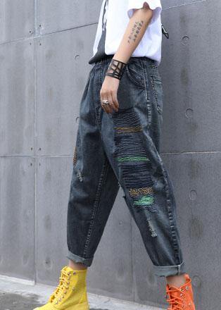 High Waist Summer Nine Points Embroidery Broken Hole Carrot Pants