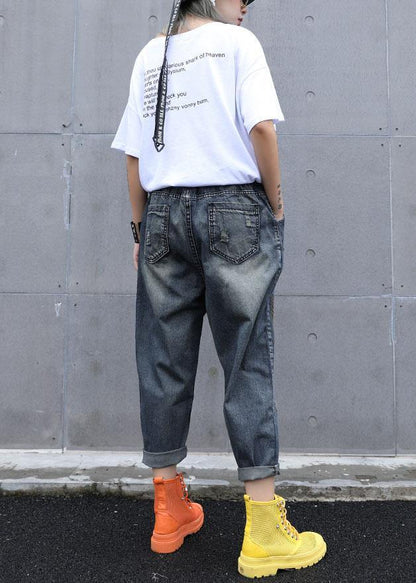 High Waist Summer Nine Points Embroidery Broken Hole Carrot Pants
