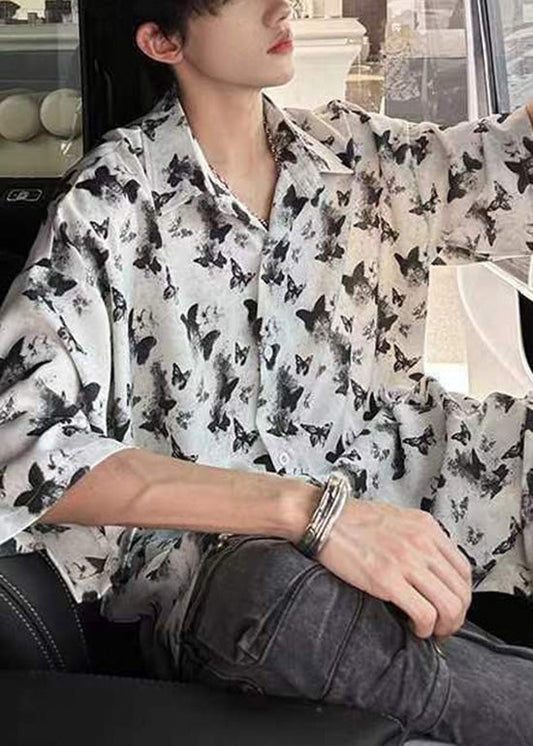 Holiday Style White Print Ice Silk Shirts Summer