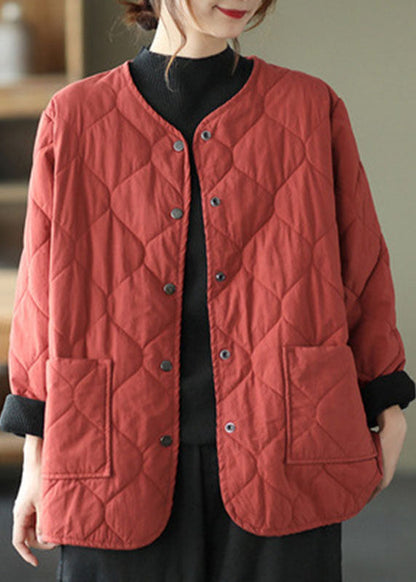 Hot Khaki O-neck Pockets Button Winter Coats Parkas
