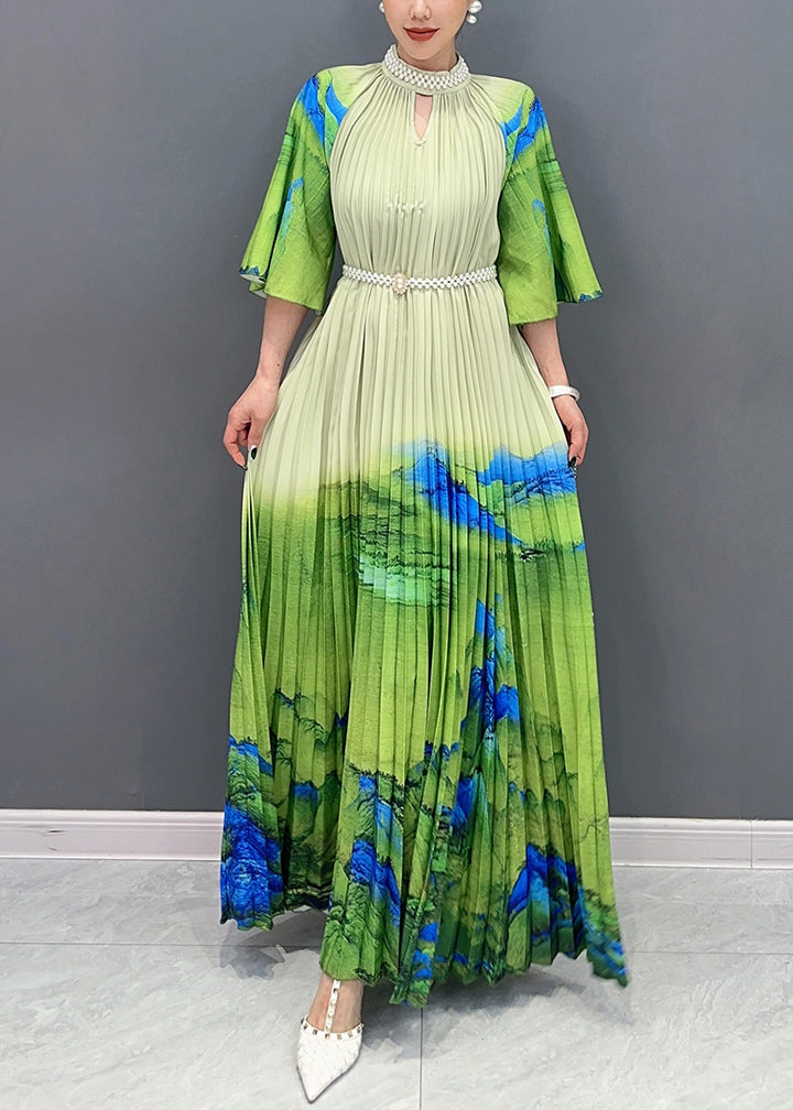 Hues and Artistic Flai Green Wrinkled Long Dresses Half Sleeve