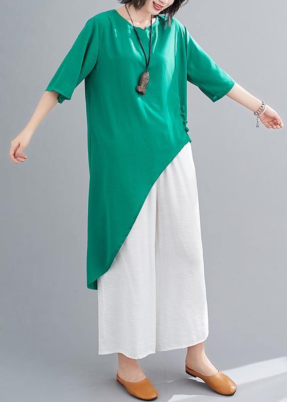 Irregular Cotton Linen Green Two-piece Five-point Sleeve V-neck T-shirt Wide-leg Pants