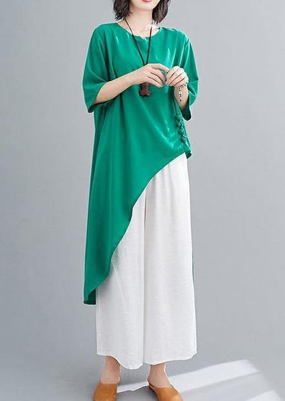 Irregular Cotton Linen Green Two-piece Five-point Sleeve V-neck T-shirt Wide-leg Pants