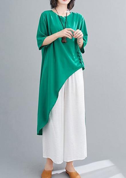 Irregular Cotton Linen Green Two-piece Five-point Sleeve V-neck T-shirt Wide-leg Pants