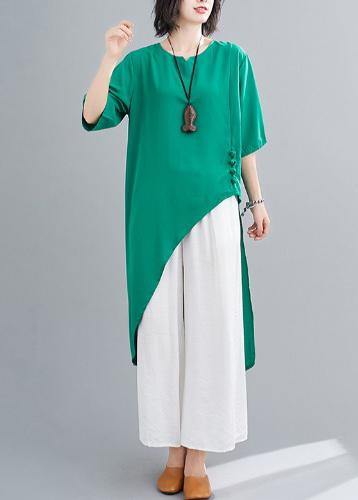 Irregular Cotton Linen Green Two-piece Five-point Sleeve V-neck T-shirt Wide-leg Pants