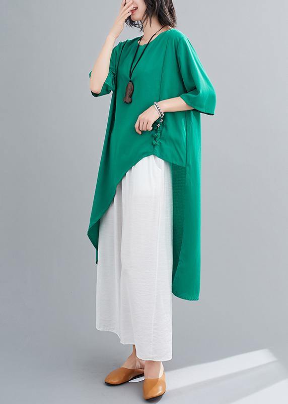 Irregular Cotton Linen Green Two-piece Five-point Sleeve V-neck T-shirt Wide-leg Pants