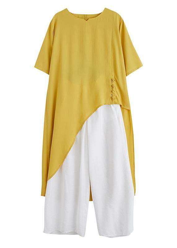 Irregular Cotton Linen Green Two-piece Five-point Sleeve V-neck T-shirt Wide-leg Pants