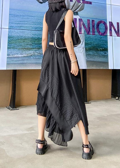 Irregular Skirt A-line Skirt Mid-length Black Stitching Pleated Skirt