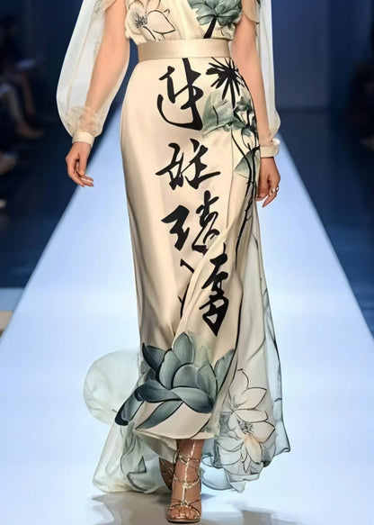 Italian Apricot Cinched Print Silk Party Dresses Summer
