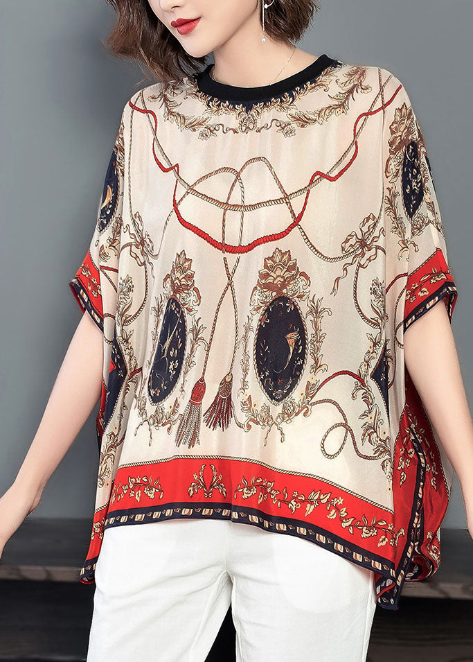 Italian Apricot O-neck Asymmetrical Print Chiffon Loose Tank Tops Batwing Sleeve