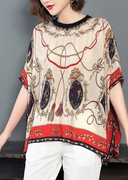 Italian Apricot O-neck Asymmetrical Print Chiffon Loose Tank Tops Batwing Sleeve