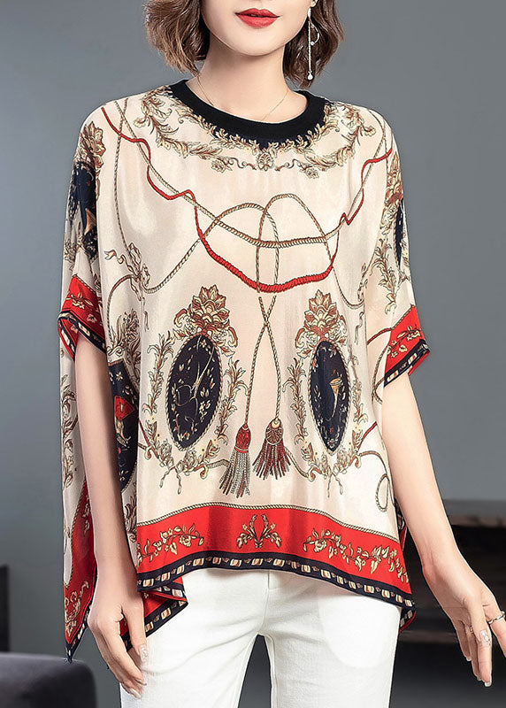 Italian Apricot O-neck Asymmetrical Print Chiffon Loose Tank Tops Batwing Sleeve