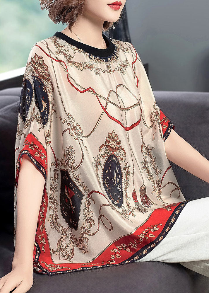 Italian Apricot O-neck Asymmetrical Print Chiffon Loose Tank Tops Batwing Sleeve
