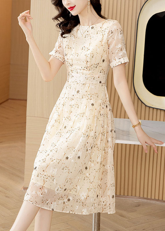 Italian Apricot O-neck Print Wrinkled Chiffon Dresses Summer