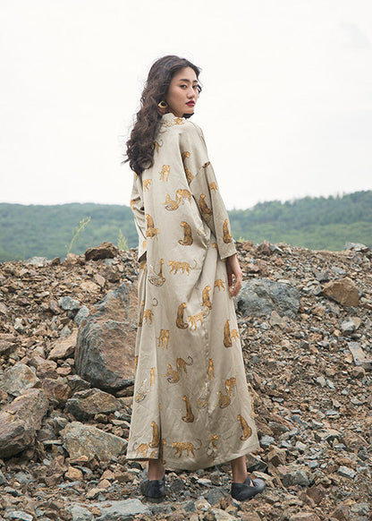 Italian Apricot V Neck Animal Print Silk Robe Dresses Fall
