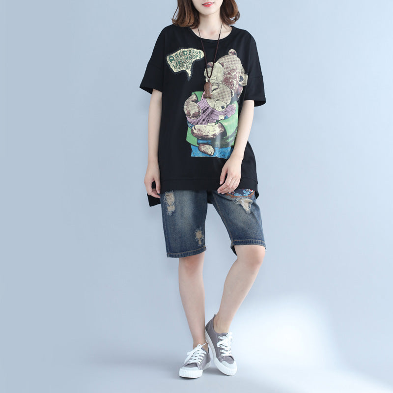 Italian Batwing Sleeve O Neck Cotton Tunic Top Black Print Midi Tops