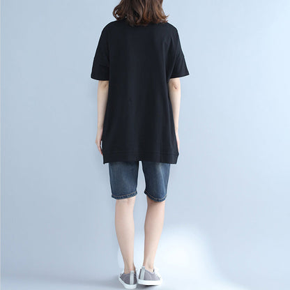 Italian Batwing Sleeve O Neck Cotton Tunic Top Black Print Midi Tops