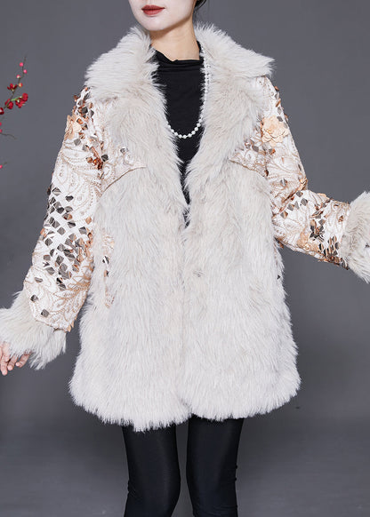 Italian Beige Patchwork Faux Fur Coat Winter