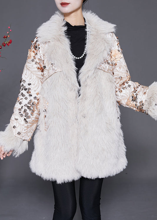 Italian Beige Patchwork Faux Fur Coat Winter