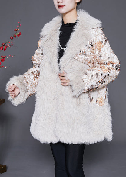 Italian Beige Patchwork Faux Fur Coat Winter