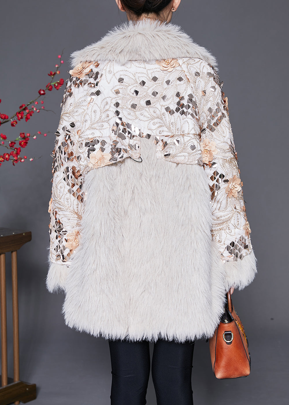 Italian Beige Patchwork Faux Fur Coat Winter