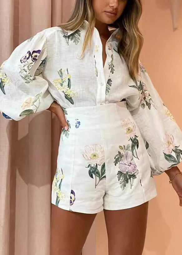 Italian Beige High Waist Button Shirts and Shorts Two Pieces Set Lantern Sleeve