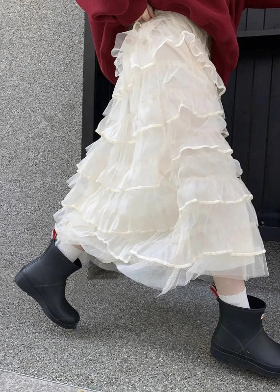 Italian Beige Layered Elastic Waist Tulle Skirts Summer